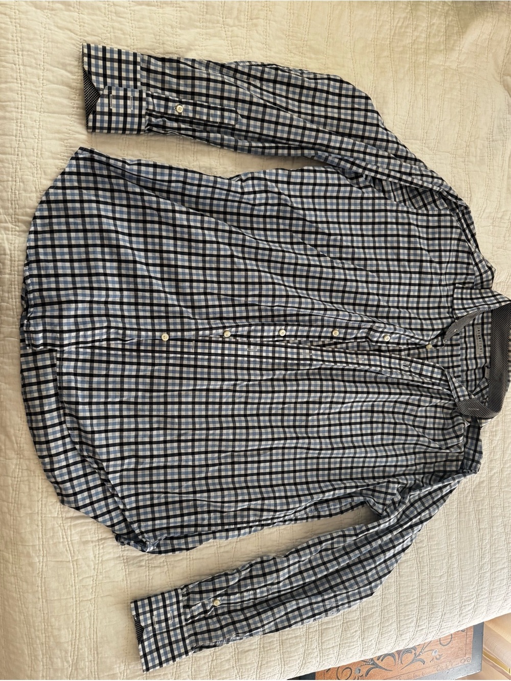 Thomas Dean Blue and Gray Checked Button-Down Dress Shirt